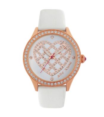 Betsey Johnson® Rose Goldtone Case & Quilted Heart Dial with White Strap Watch