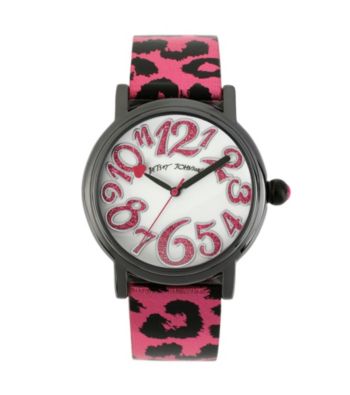 Betsey Johnson® Black/Pink Metallic Leopard Printed Strap Watch