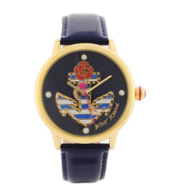 Betsey Johnson® Goldtone/Navy Blue Watch with Striped Anchor Graphic Dial