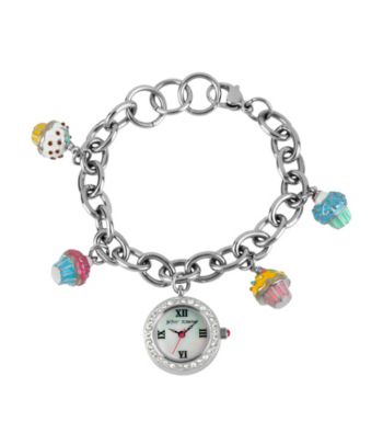 Betsey Johnson® Silvertone/Multi Cupcake Charm Bracelet Watch