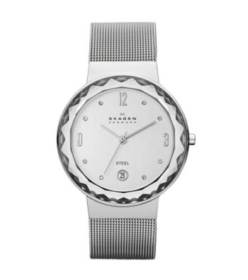 Skagen Denmark Women's Silvertone Mesh Watch with Large Faceted Bezel