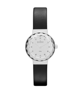 Skagen Denmark Women's Silvertone Faceted Glass Bezel on Black Leather Watch