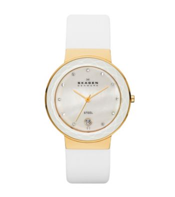 Skagen Denmark Women's White Leather Watch with Faceted Glass Bezel Goldtone Case