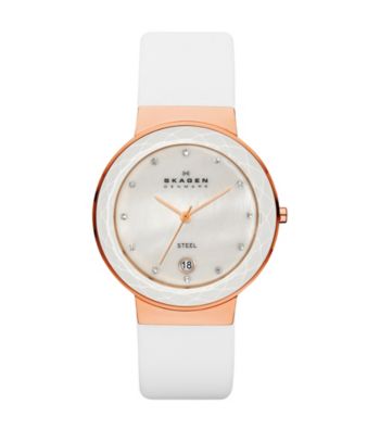 Skagen Denmark Women's White Leather Strap Watch with Faceted Glass Bezel Rose Goldtone Case