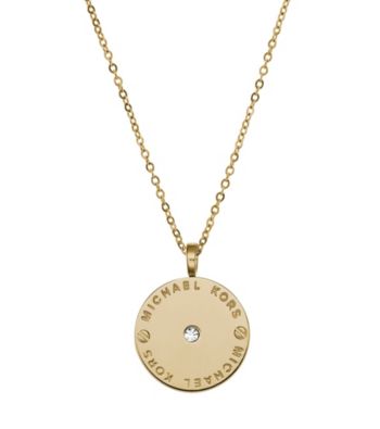 Michael Kors® Goldtone Logo Plate Disc Pendant with Clear Cubic Zirconia