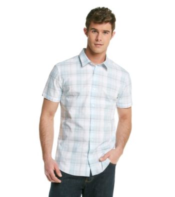 Calvin Klein Men's Blue Patch Short Sleeve Plaid Woven Button Down