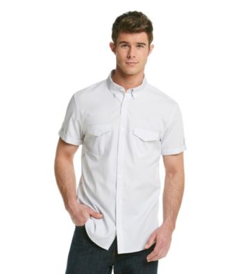 Calvin Klein Men's White Short Sleeve Plaid Woven Button Down with Roll-up Sleeves