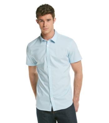 Calvin Klein Men's Blue Patch Short Sleeve Stripe Poplin Button Down Woven