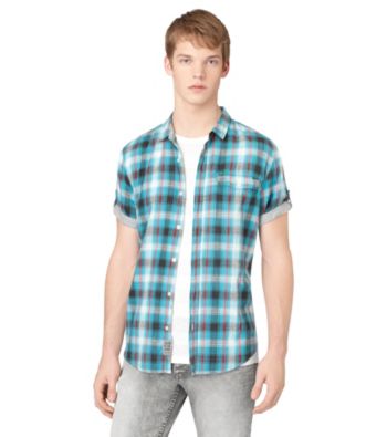 Calvin Klein Jeans® Men's Bright Teal Short Sleeve Roll Tab Button Down Shirt