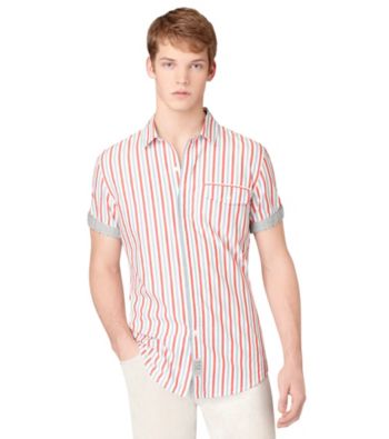 Calvin Klein Jeans® Men's Short Sleeve Snapper Red Multi-Striped Woven