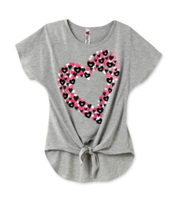 Beautees Girls' 7-16 Grey Tie Front Flocked Heart Tee