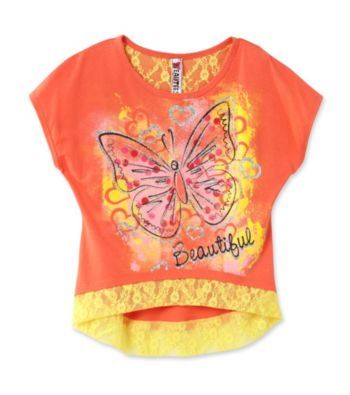 Beautees Girls' 7-16 Coral Lace Trim Butterfly Screen Tee