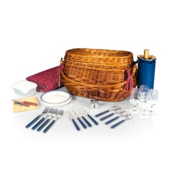 Picnic Time® Highlander Chesnut Brown Willlow Picnic Basket with Red Tartan Lining