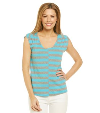 DKNY JEANS® Offset Stripe Ruched Shoulder Tee