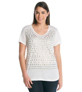 Oneworld® Plus Size White Knit Tee with Gold Studs