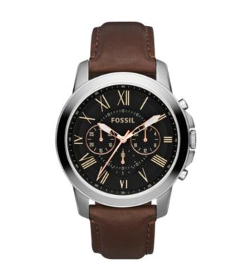 Fossil® Men's Grant Chronograph Watch in Stainless Steel with Black Dial and Brown Leather Strap