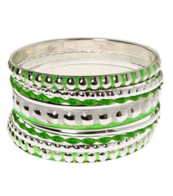 L&J Accessories Multi Row Green and Silvertone Bangles