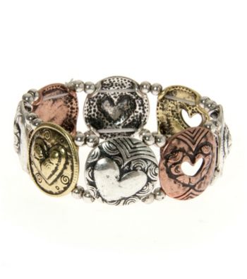 L&J Accessories Tri-Tone Inspirational Heart Links Stretch Bracelet