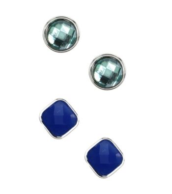 Nine West® Blue and Green Faceted Stone Stud Pierced Earrings Set