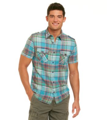 Guess Men's High Tide Blue Short Sleeve Dillon Freeport Large Check Woven