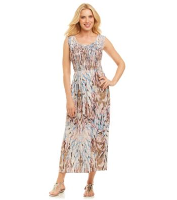 Notations® Smocked Feather Print Maxi Dress