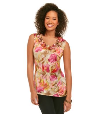 Notations® Ruffled Neck Floral Print Top