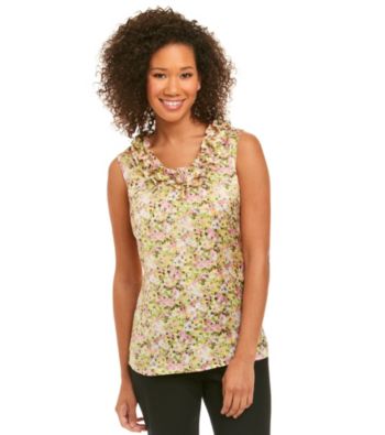 Notations® Ruffled Neck Floral Print Top