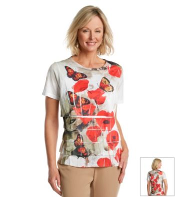 Breckenridge® Crewneck Shutter Tiered Floral Butterfly Print Tee