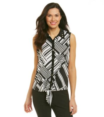 NY Collection® Button Down Studded Collar Tie Front Print Top
