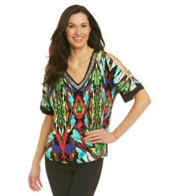 NY Collection® Embellished V-Neck Printed Cold Shoulder Top