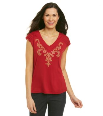 NY Collection® Shirred Sleeve V-Neck Embellished Top