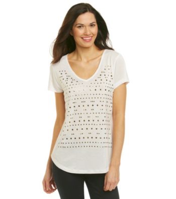 Oneworld® V-Neck Shirttail Hem Studded Tee