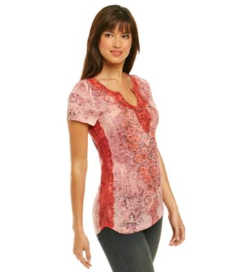 Oneworld® Notchneck Lace Embellished Tee
