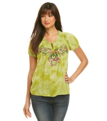 Oneworld® Smocked Neck Tie-Dye Print Embroidered Peasant Top