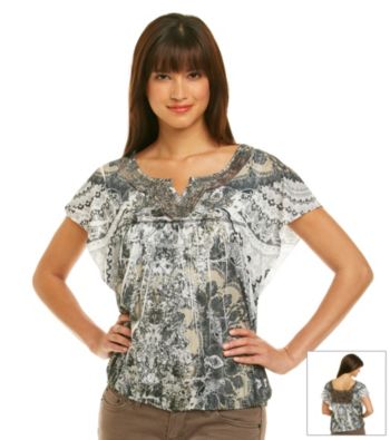 Oneworld® Notchneck Lace Back Printed Top