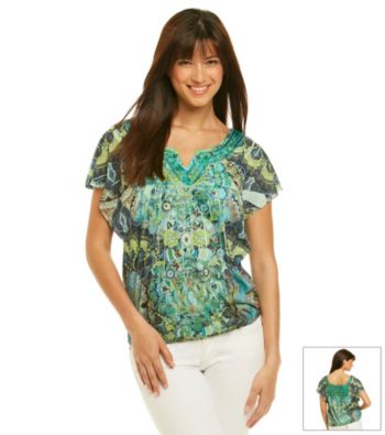Oneworld® Notchneck Lace Back Print Top