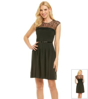 Calvin Klein Illusion Lace Belted Full Skirt Dress
