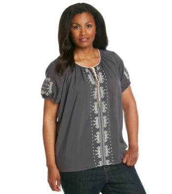 Oneworld® Plus Size Embroidery Peasant Top With Drawstring Scoopneck