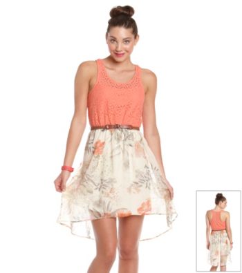 City Triangles® Juniors' Crochet Printed Chiffon Dress