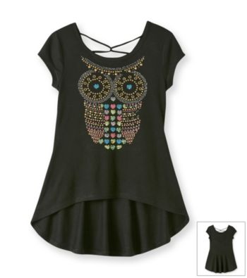 Beautees Girls' 7-16 Black Hi-Low Owl Top