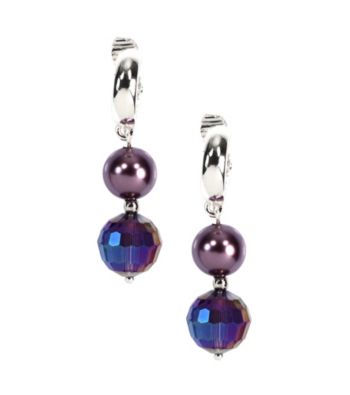 Napier® Silvertone and Purple Beaded Linear Clip Drop Earrings
