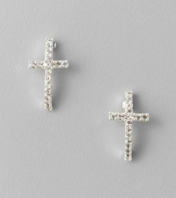BT-Jeweled Silvertone Cross Earrings