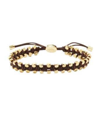 Fossil® Woven Brown Waxed Corded Wrist Wrap with Goldtone Faceted Nugget Details