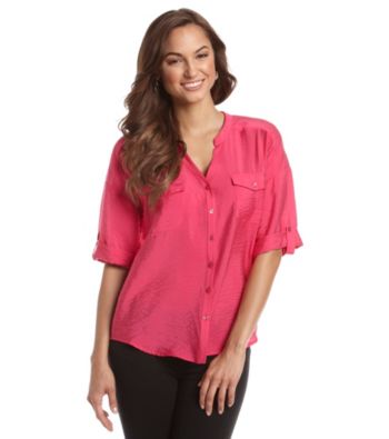 Notations® Mandarin Collar Buttonfront Solid Shirt