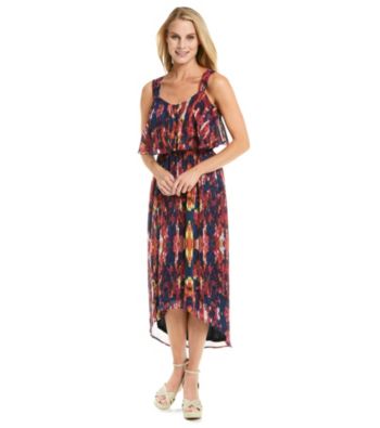 Black Rainn™ Scoopneck Abstract Print Hi-Low Hem Maxi Dress