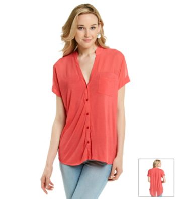 August Silk® Y-Neck Button Down Hi-Low Hem Tee