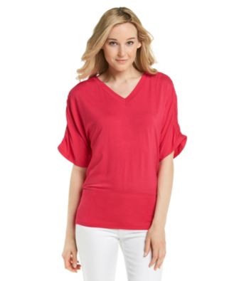 Cable & Gauge V-Neck Solid Ruched Dolman Sleeve Top