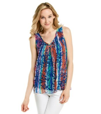 Cupio V-Neck Open Work Crochet Accent Floral Print Tank