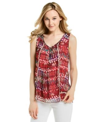 Cupio V-Neck Open Work Crochet Accent Abstract Print Tank