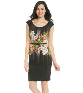 London Times® Floral Print Belted Sheath Dress